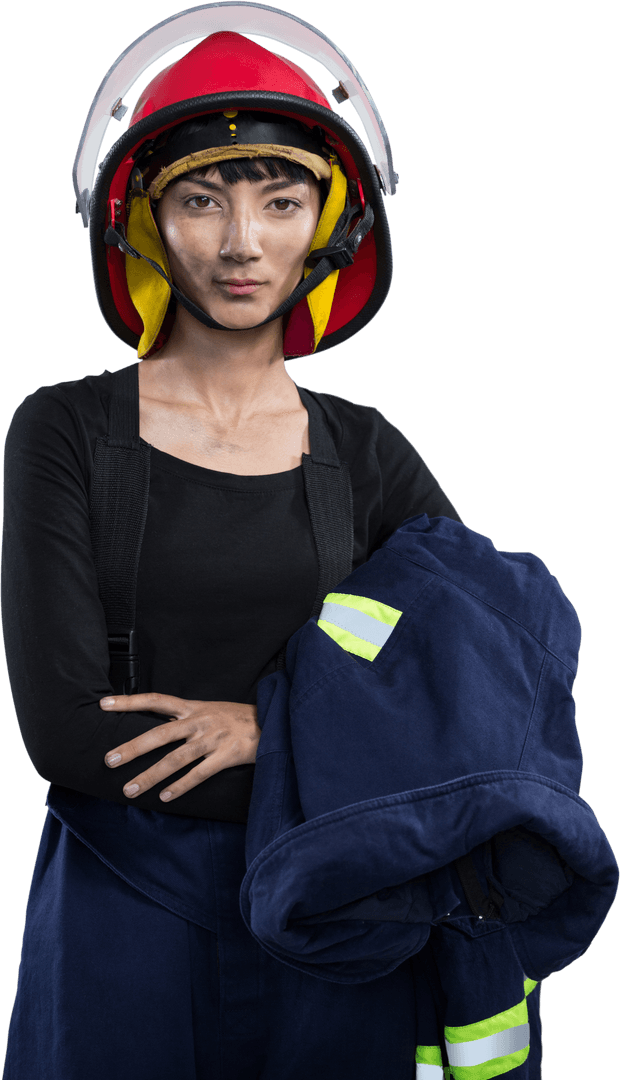 Confident Female Firefighter Wearing Red Protective Helmet on Transparent Background