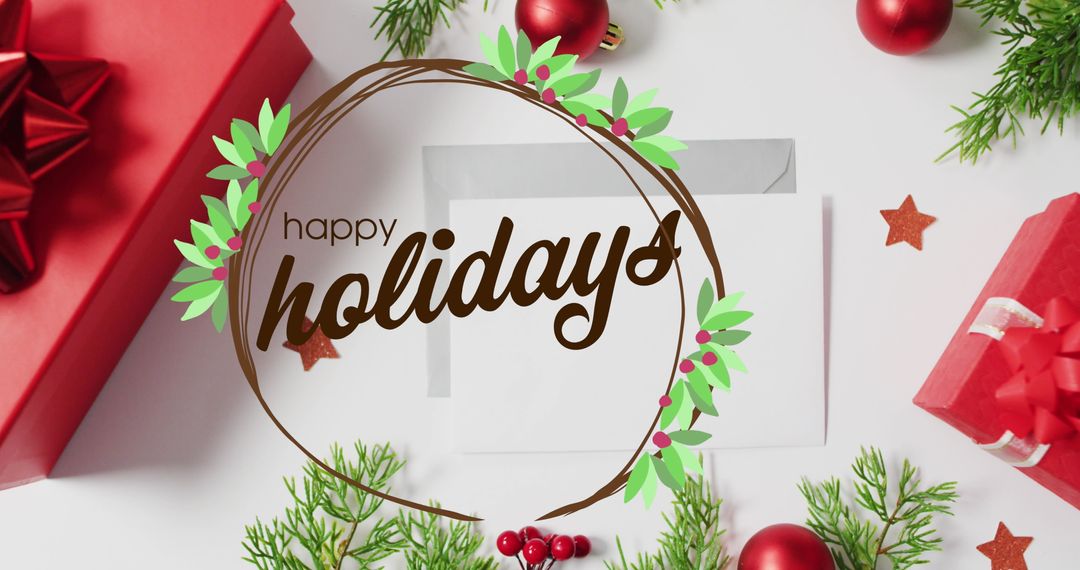 Festive Happy Holidays Card with Christmas Decorations