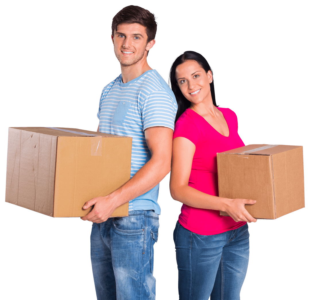 Transparent Young Couple Holding Moving Boxes Movements and Transitions