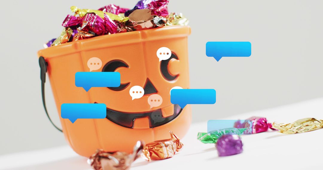 Halloween Jack-O'-Lantern Candy Bucket Filled with Foil Sweets and Floating Chat Bubbles
