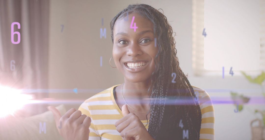 Cheerful Woman Giving Thumbs Up Surrounded by Digital Elements at Home