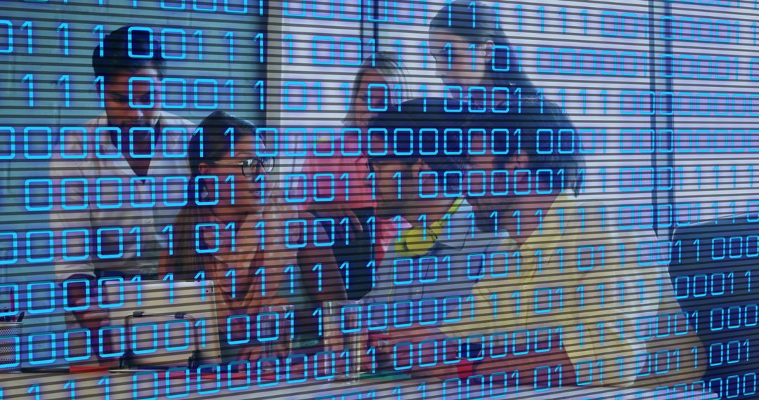 Business Team Collaborating with Digital Binary Overlay