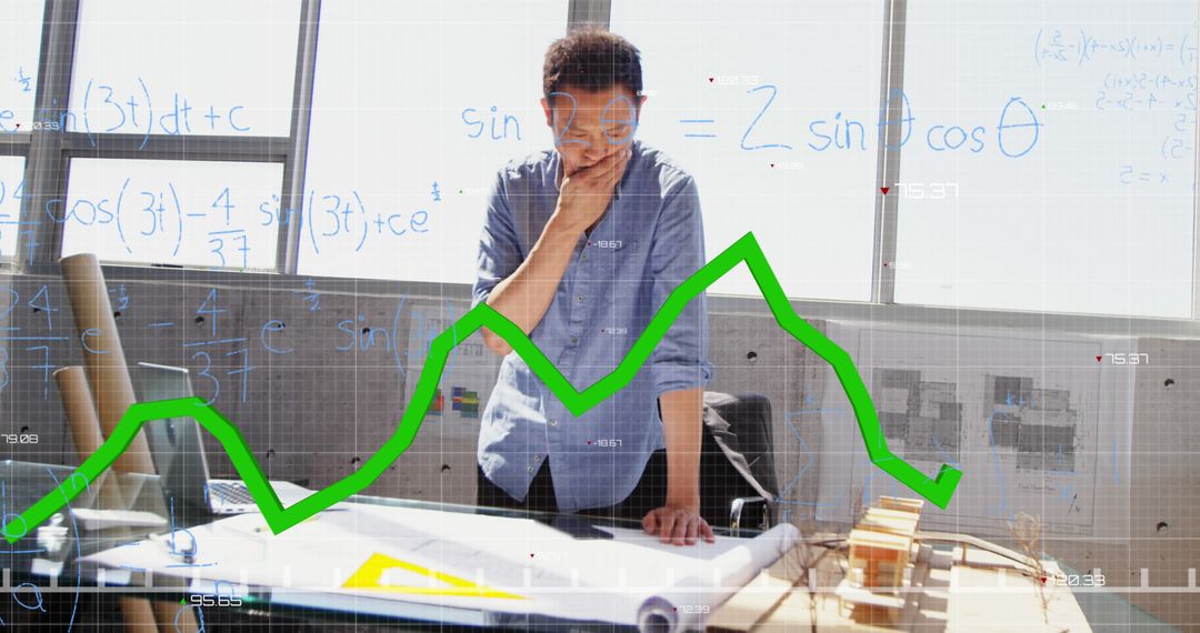 A digital composite depicts a man analyzing a finance and technology graph with floating formulas. - Free Images, Stock Photos and Pictures on Pikwizard.com