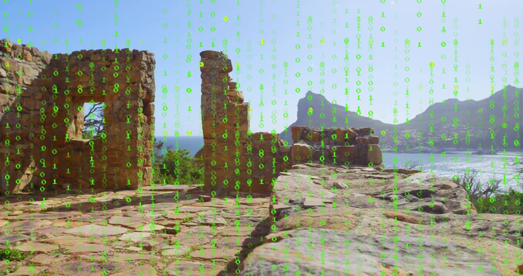 Ancient Ruins Overlook Coast with Binary Overlay