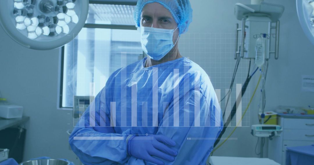 Surgeon in Blue Scrubs with Bar Chart Hologram in Operating Room
