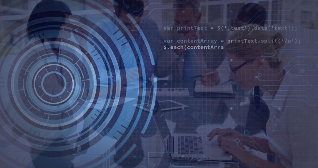 Business Team Collaborating with Futuristic Technology Overlay