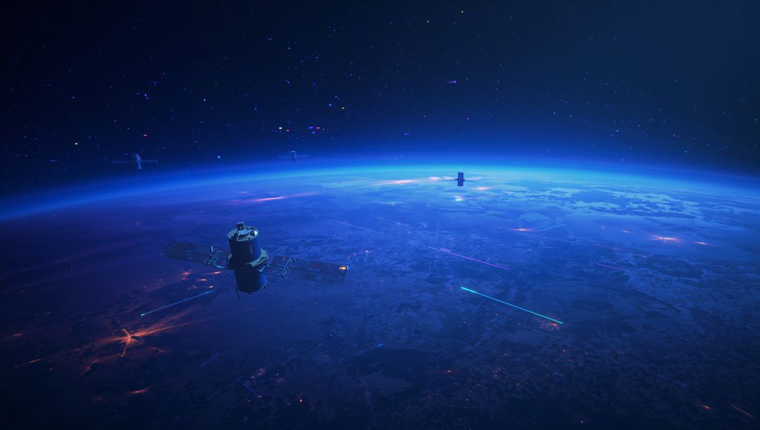 Space Satellite Orbiting Earth Showing Horizon and Night Lights