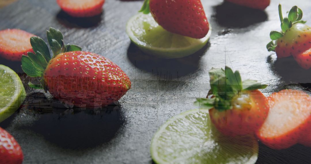 Juicy Strawberries and Limes on Dark Slate Surface