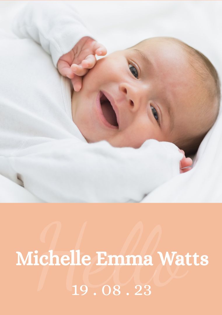 Composite of hello michelle emma watts, 19-08-23 and portrait of cute caucasian baby lying on bed - Download Free Stock Templates Pikwizard.com