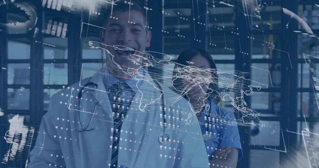 Physician and Nurse Presenting Interactive Global Health Map, Telemedicine and Data Analytics