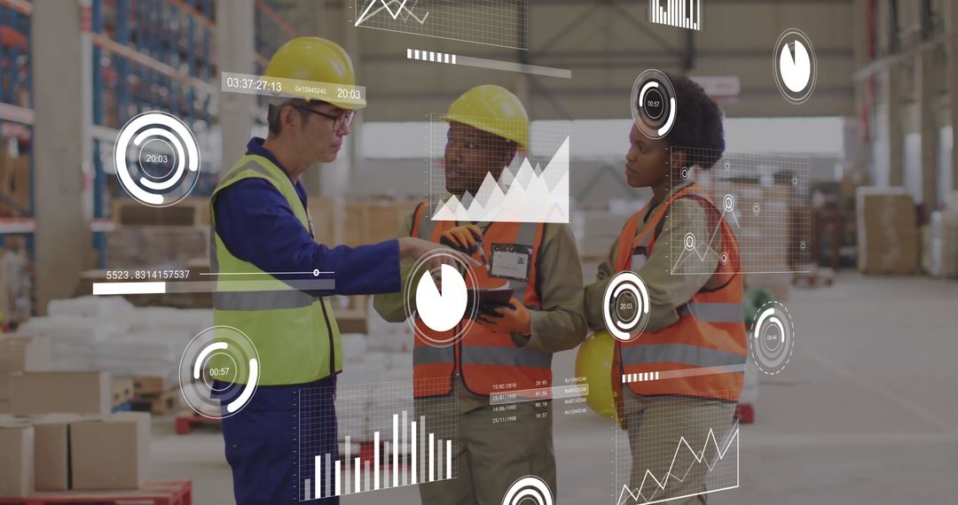 Warehouse Team Analyzing Financial Data Metrics in Industrial Setting