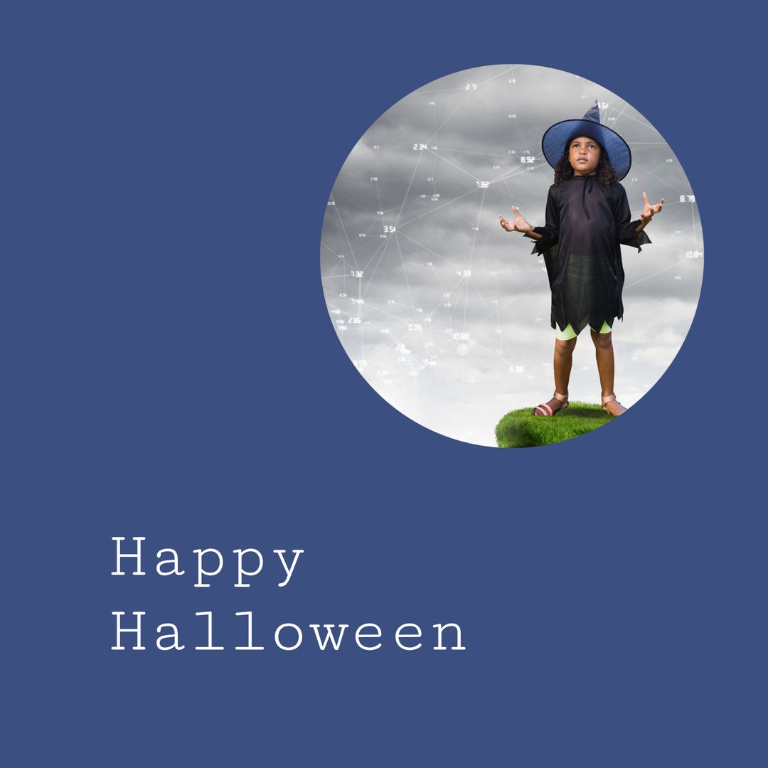 Happy Halloween Greeting with Child Witch in Costume