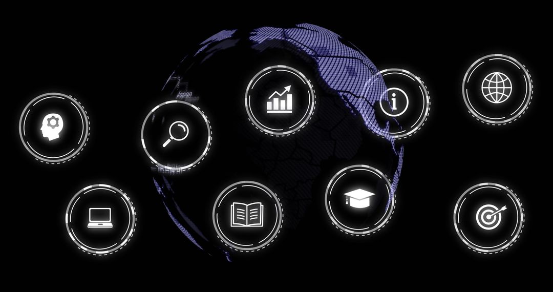 Digital Technology Icons Around Globe on Black Background