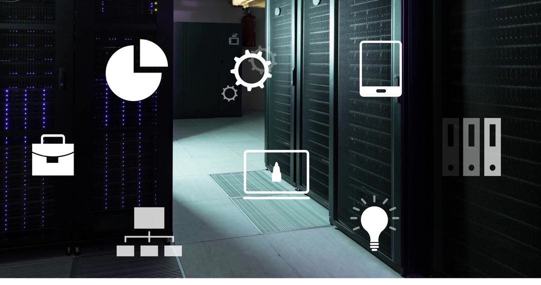 Digital Business Icons Overlay Visible in Server Room Environment