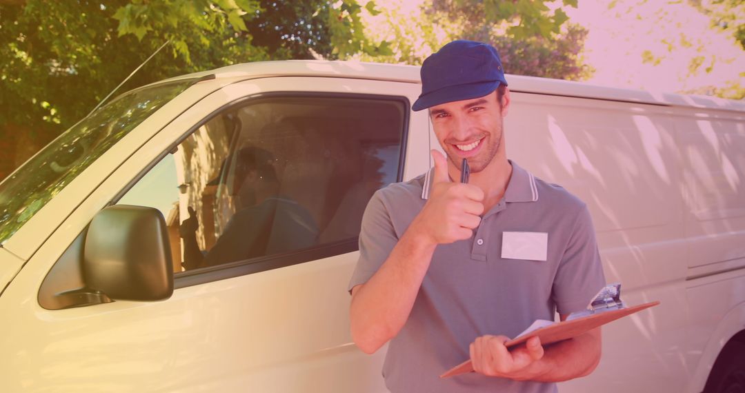 Smiling Delivery Man Giving Thumbs Up in Front of Van