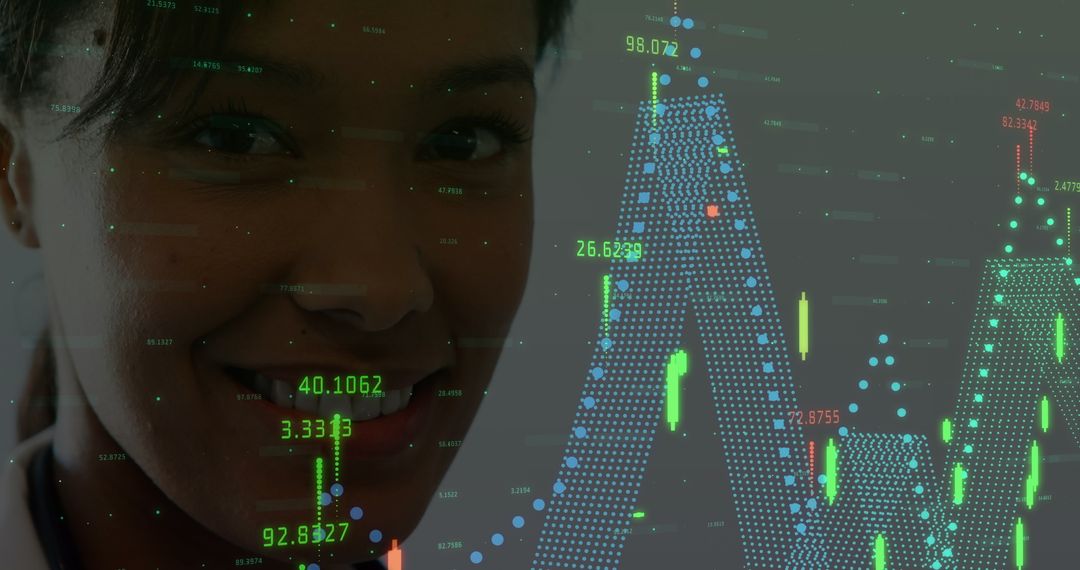 Smiling Woman with Digital Medical Data Interface