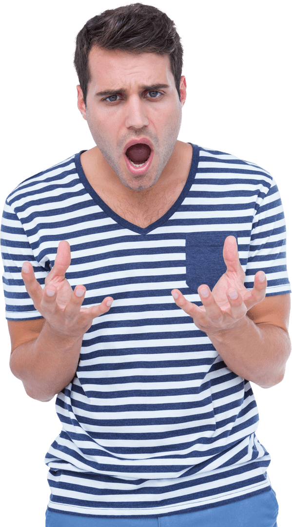 Amazed Young Man in Stripe T-Shirt with Transparent Background