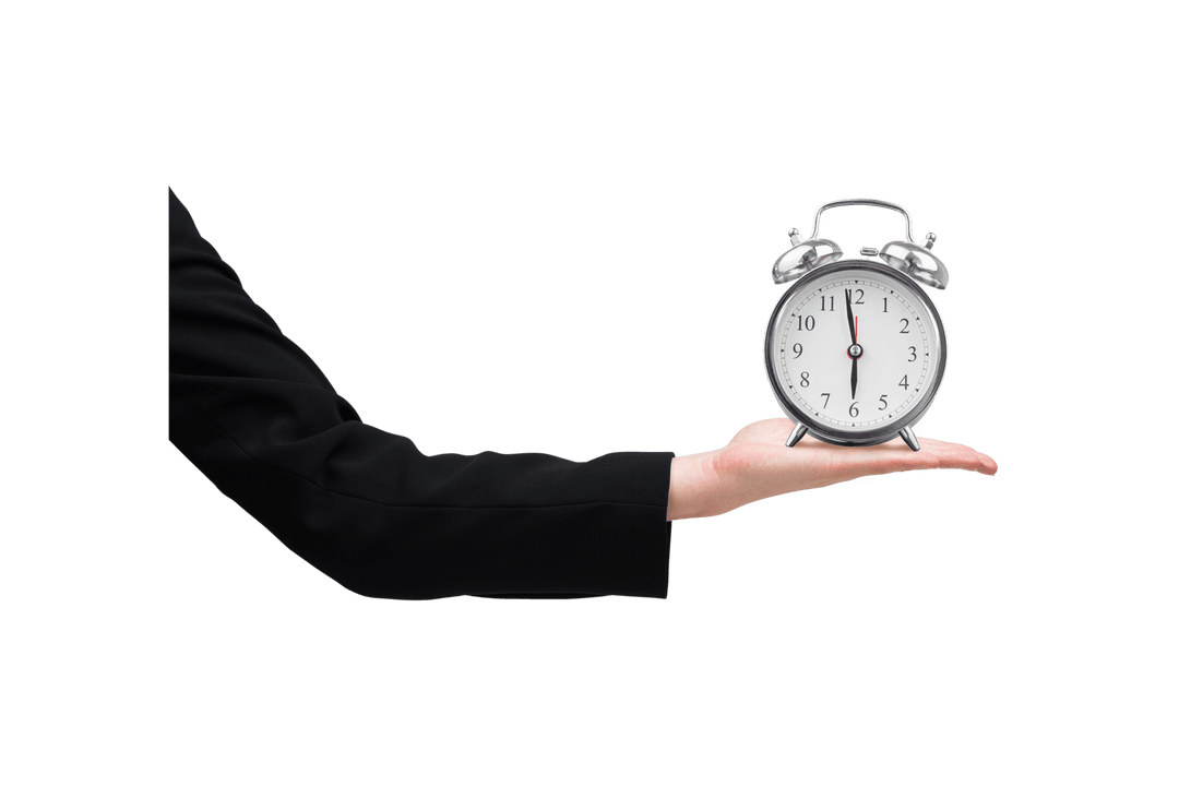 Hand Holding Classic Alarm Clock on Transparent Background