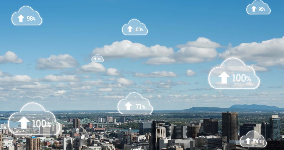 Cityscape with Digital Clouds and Data Transfer Visuals