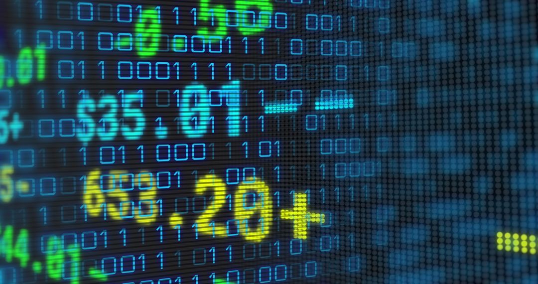 Financial Data Overlay on Digital Binary Code Background