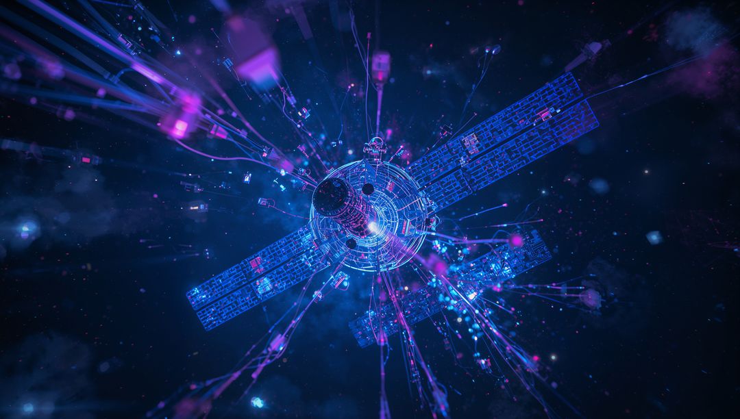 Futuristic Cyberpunk Satellite with Neon Digital Streams