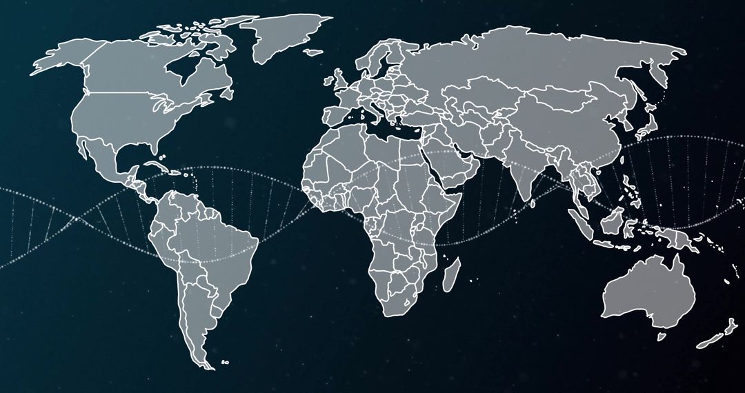 DNA Strand Overlaid on World Map for Global Science Concept
