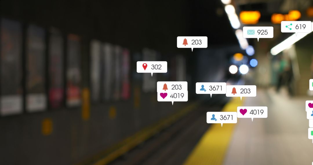 Social Media Notifications Over Blurred Train Station Platform