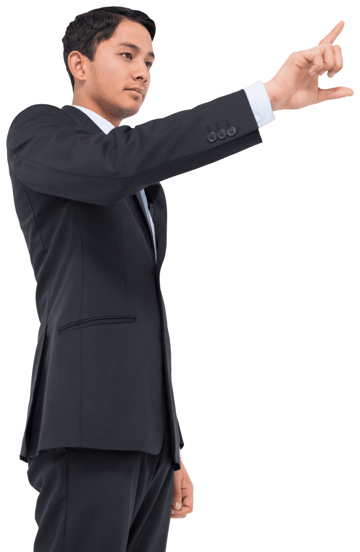 Asian Businessman Pointing with Index Finger on Transparent Background