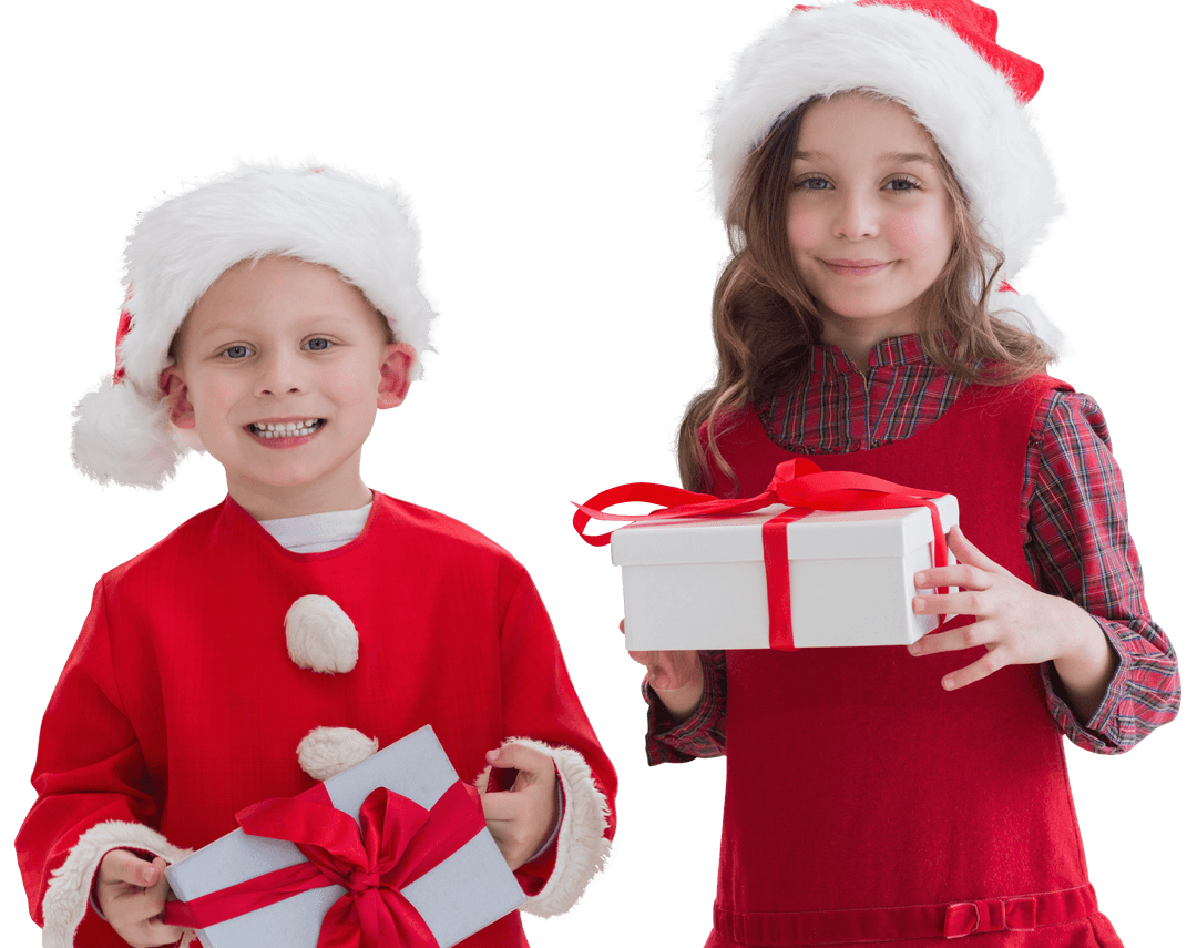 Joyful Children in Santa Hats Holding Christmas Gifts on Transparent Background