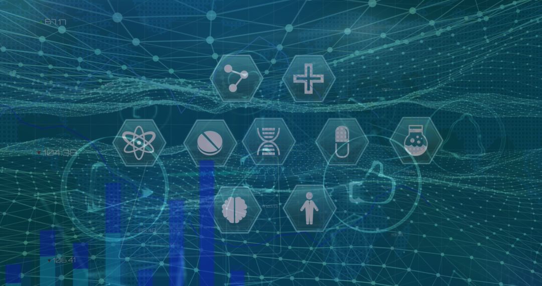 Digital Network with Icons Representing Various Technological Fields