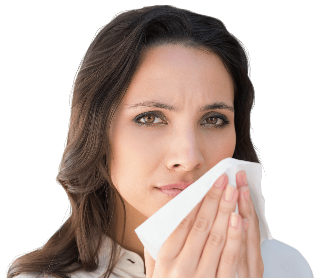 Worried Hispanic Woman with Runny Nose on Transparent Background