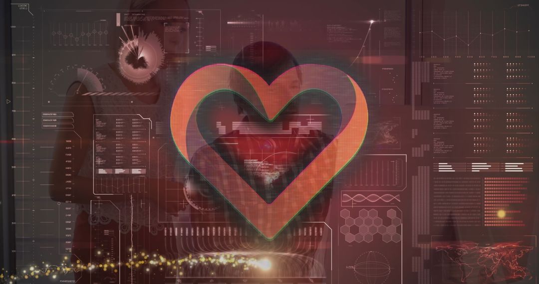 Futuristic Data Analysis with Heart Icon Among Technological Holograms