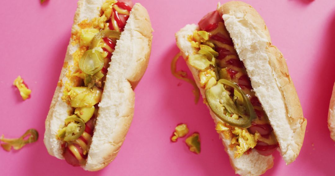 Image of hot dogs with mustard, ketchup and jalapeno on a pink surface - Free Images, Stock Photos and Pictures on Pikwizard.com