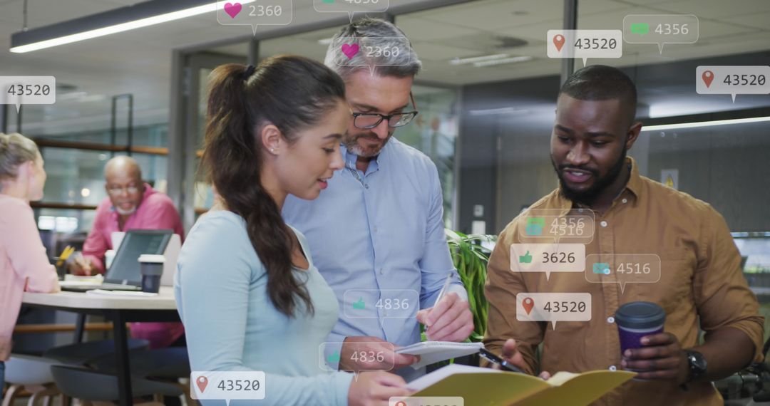 Team Collaborating on Social Media Data Analysis in Modern Office