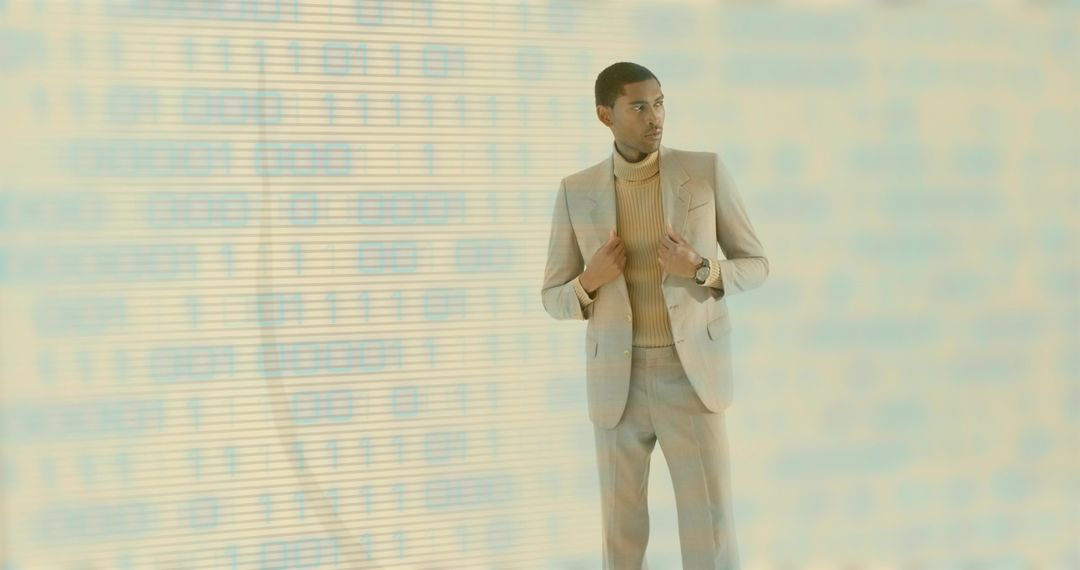 Confident Man in Tan Suit with Digital Binary Code Backdrop
