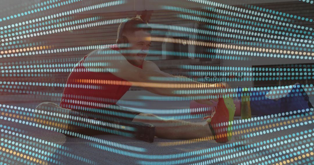 Athletic Man Stretching on Urban Plaza with Digital Grid Art