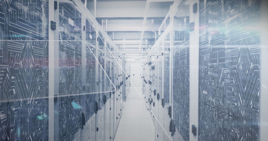 Futuristic Data Center with Digital Overlay in Server Room Environment