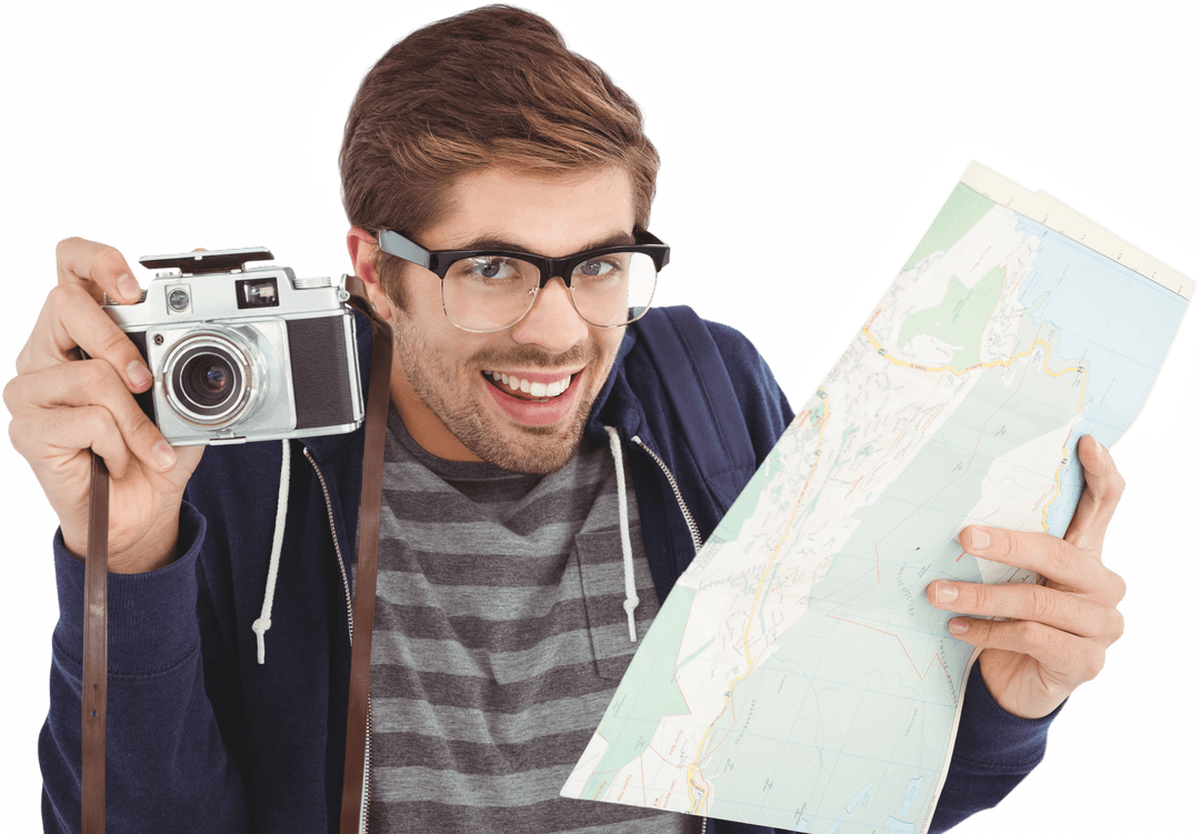 Young Traveler Holding Map and Camera on Transparent Background