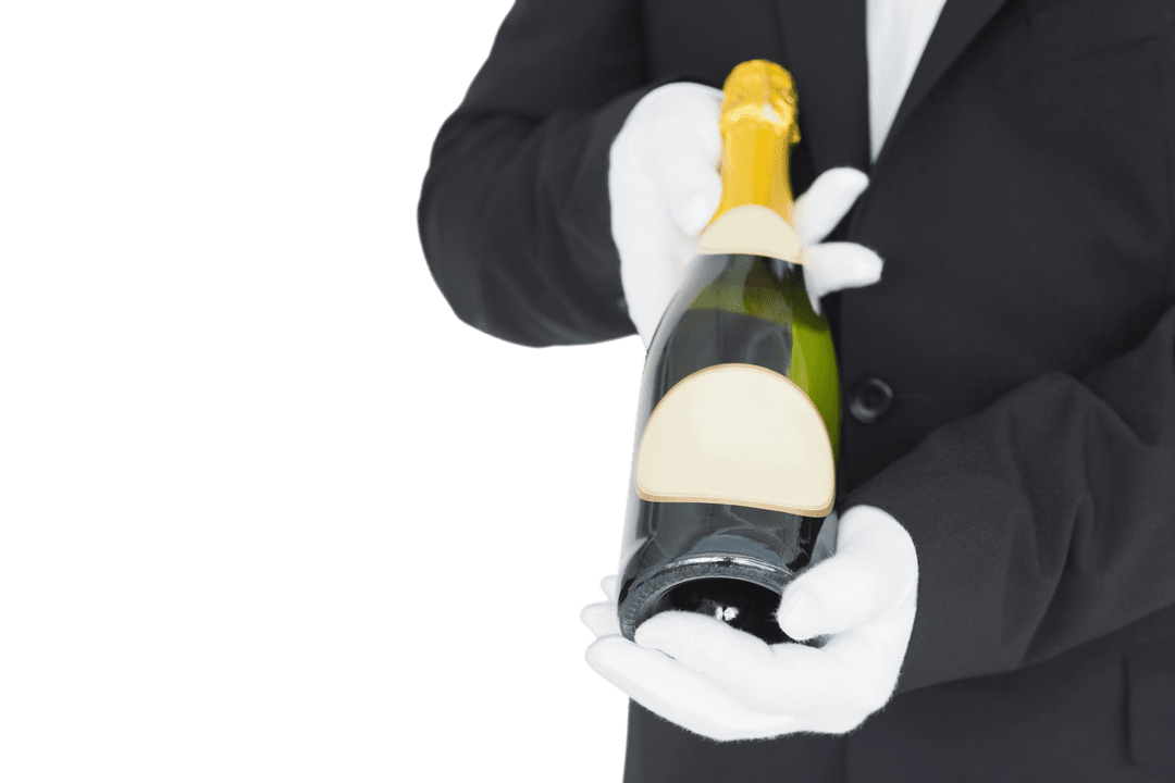 Waiter in White Gloves Presenting Transparent Champagne Bottle