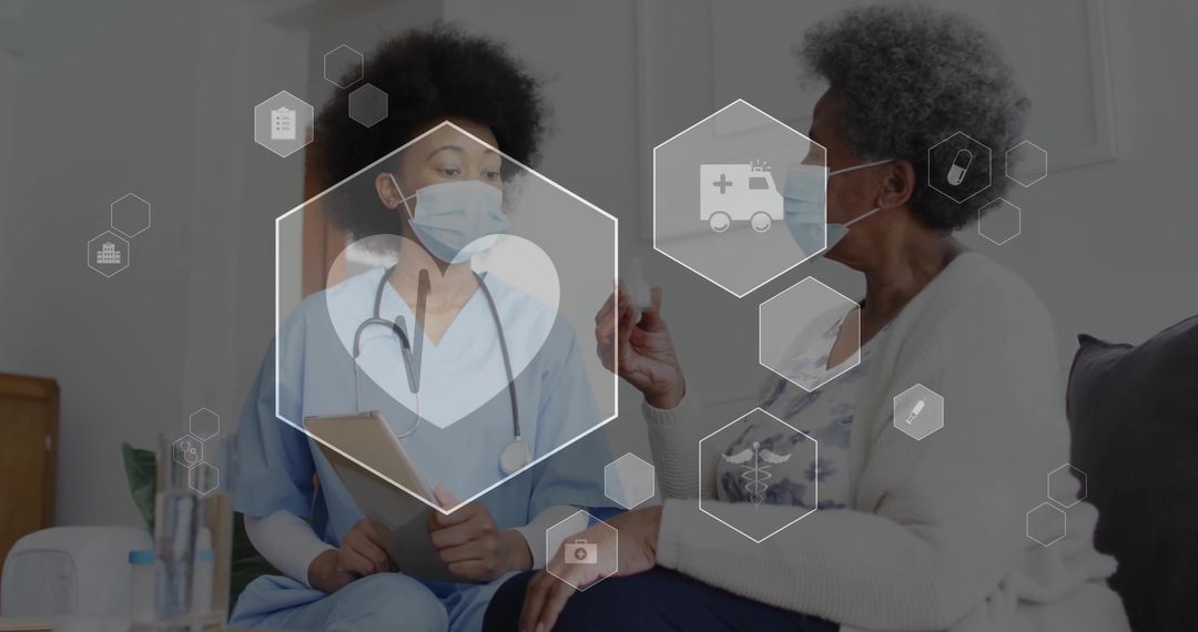 Nurse Visiting Senior Discussing Health Care on Digital Interface