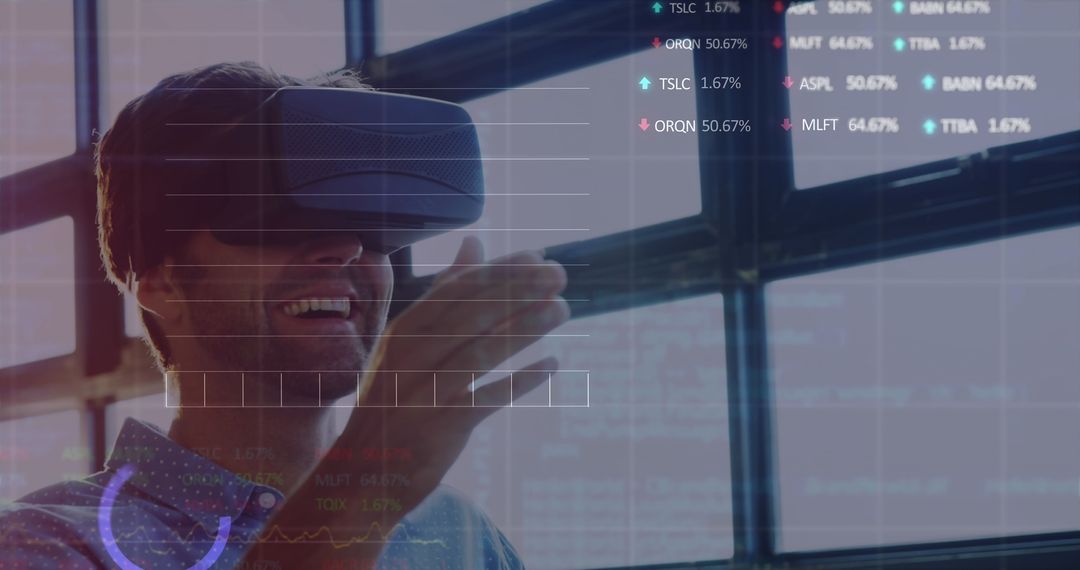 Businessman Using VR Headset for Financial Data Analysis