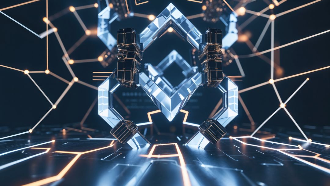 Futuristic Metallic Polyhedron with Glowing Digital Grid