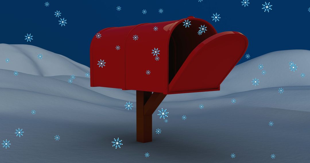 Open Red Mailbox in Winter Wonderland with Falling Snowflakes