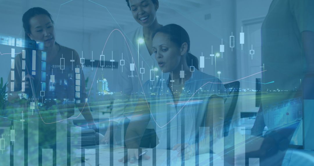 Business Team Discussing Financial Data with Cityscape Overlay