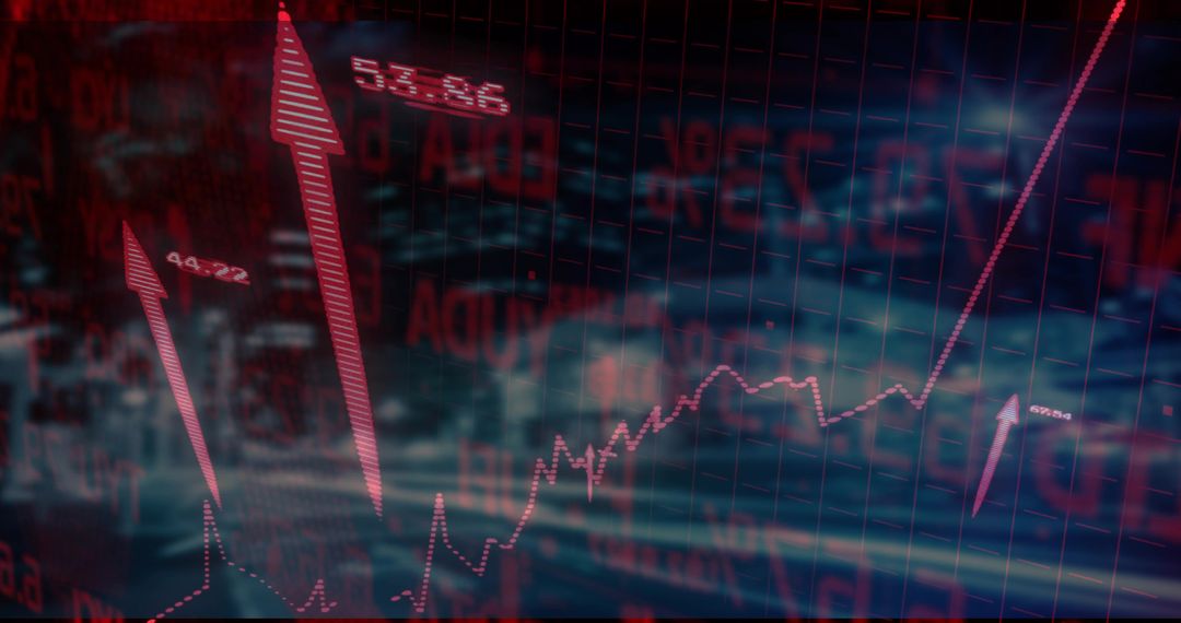 Rising stock market graph with glowing upward arrows and numeric callouts over cityscape