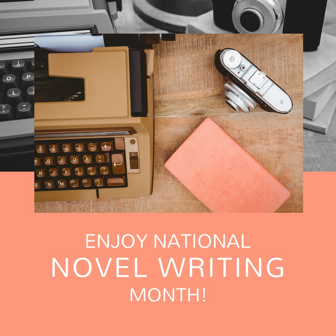 National Novel Writing Month Celebration Concept with Typewriter and Camera