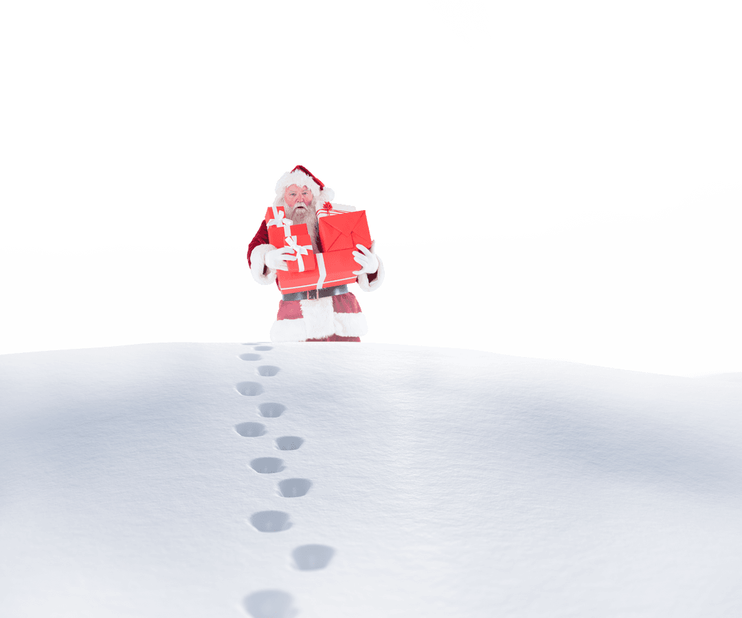 Santa Claus Holding Presents on Snow on Transparent Background