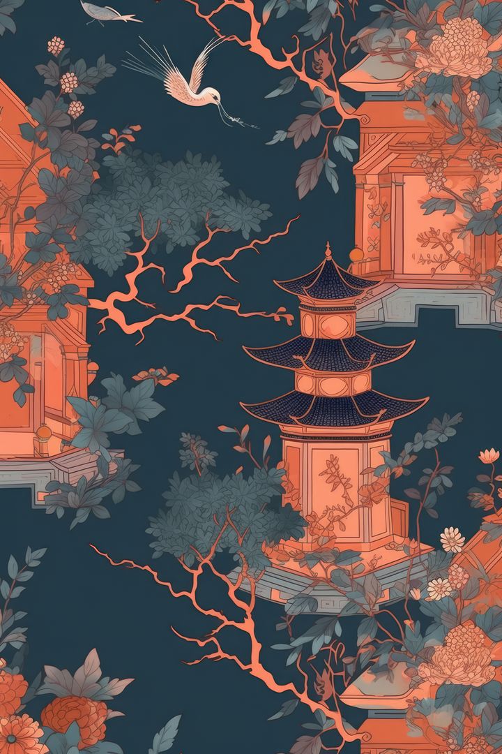 Repeatable pattern of chinoiserie on green background, created using generative ai technology - Free Images, Stock Photos and Pictures on Pikwizard.com