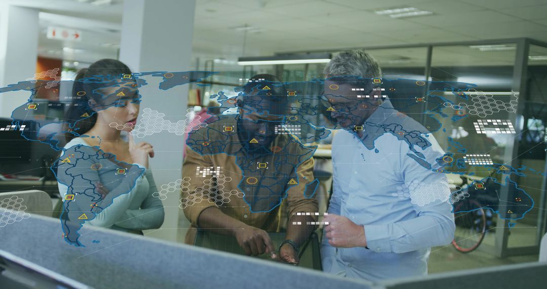 Business Professionals Collaborating on Transparent Digital Map in Modern Office