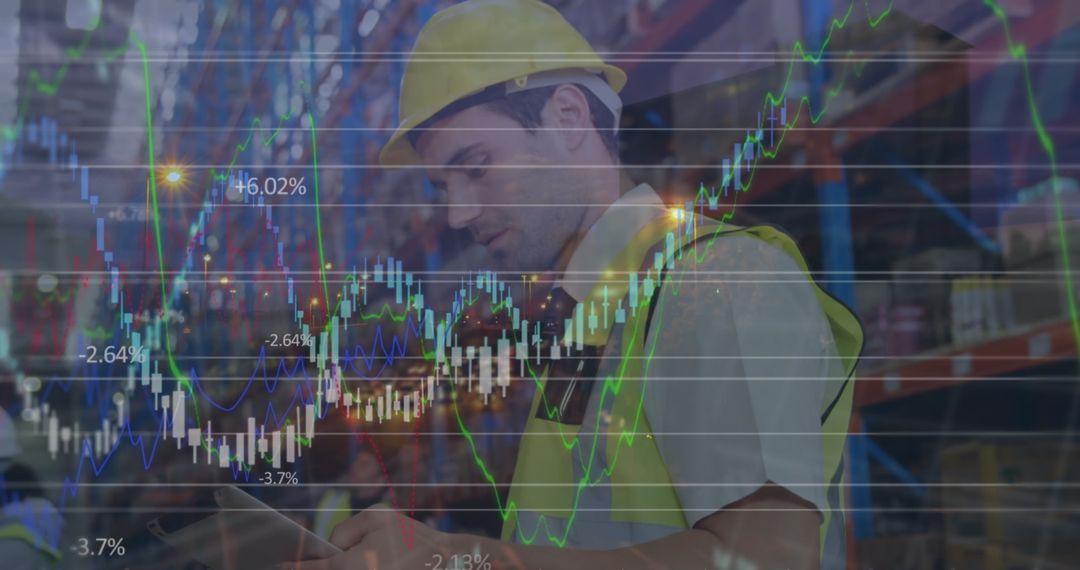 Warehouse Worker Analyzing Digital Trade Data in Distribution Center